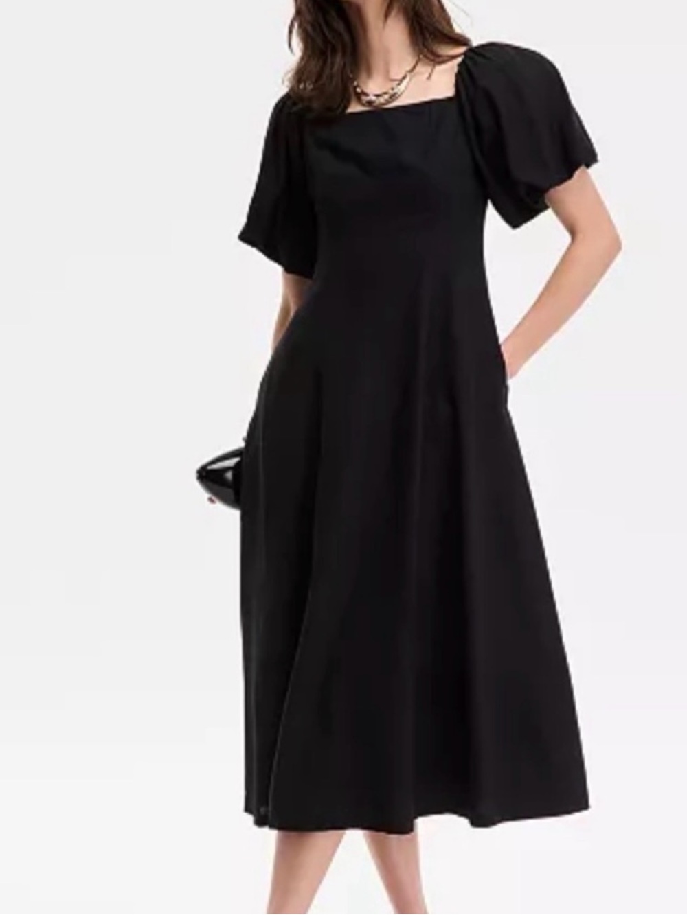 INC Black Square-Neck Midi Dress with Puff Sleeves